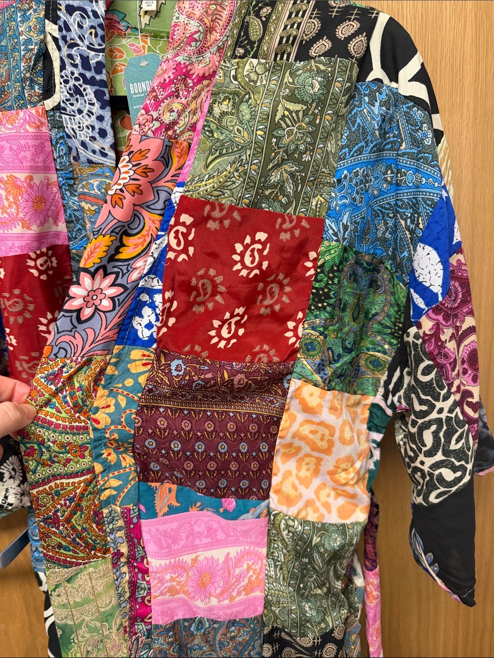 NWT Earthbound Trading Co. Patchwork Colorful Satin Boho Kimono Jacket Duster - Picture 9 of 10